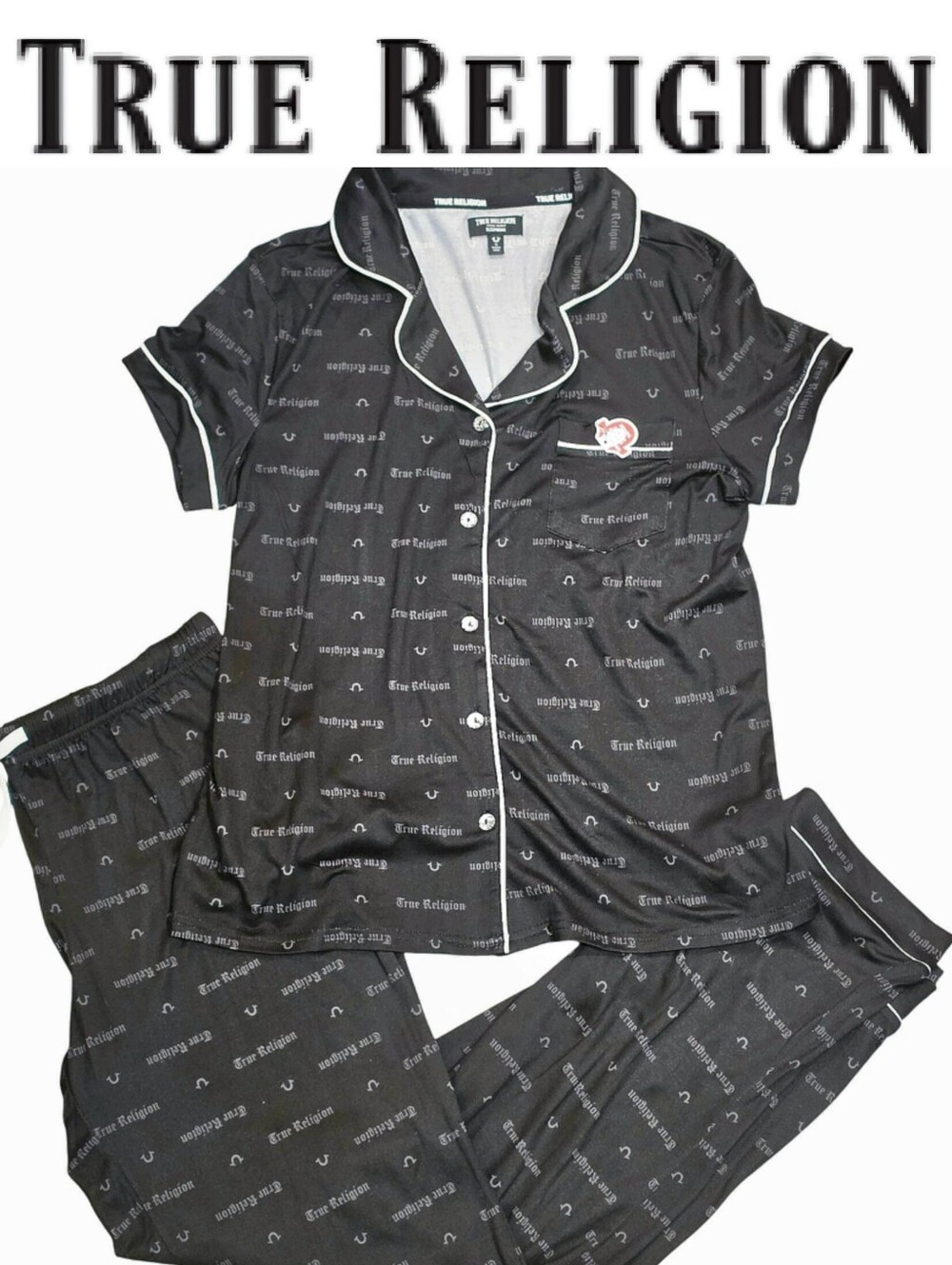 True Religion Logo Horseshoe Script Pajama Set- Black